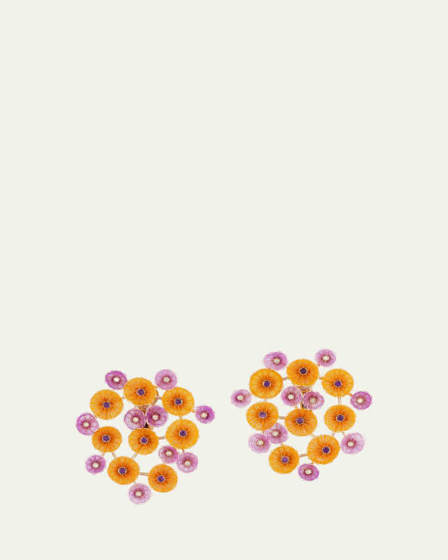 18K Yellow Gold Orange and Violet Horsehair Flower Earrings with Diamonds and Amethyst